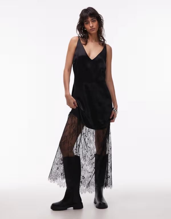 エイソス レディース トップス ワンピース Vネック サテン スカート レース マキシ ASOS DESIGN v neck satin slip maxi dress with lace skirt