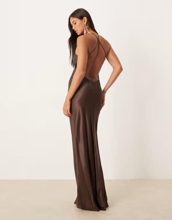 エイソス レディース トップス ワンピース マキシワンピース サテン マキシ ASOS DESIGN satin seam detail maxi dress in chocolate Chocola