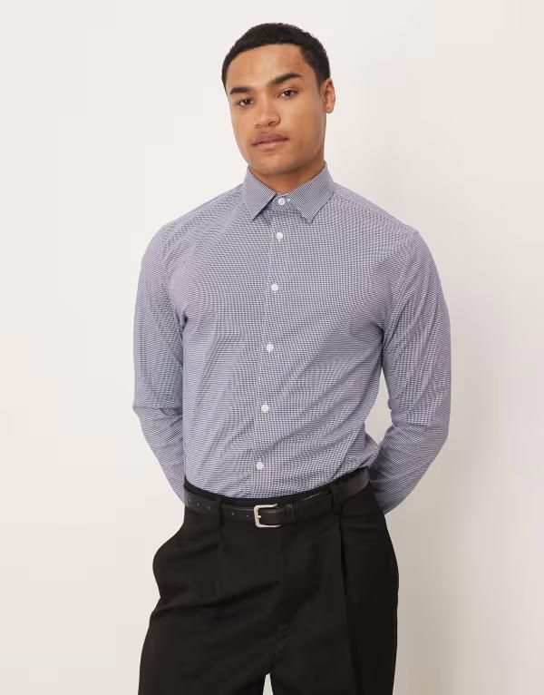 エイソス メンズ トップス シャツ スリムフィット ASOS DESIGN slim fit smart shirt plaid NAVY ネイビー