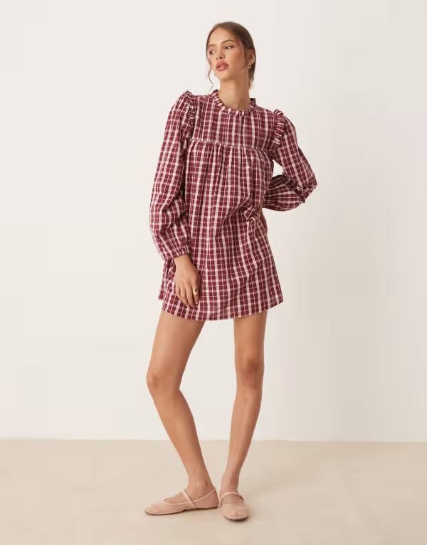 ネオンローズ レディース トップス ワンピース ハイネック ミニ Neon Rose high neck textured plaid mini smock dress Burgundypink バー