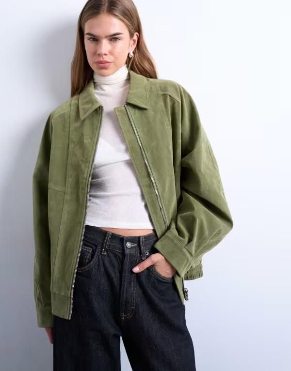 トップショップ レディース アウター ジャケット・ブルゾン スエード Topshop faux suede zip up seam detailing jacket green グリーン