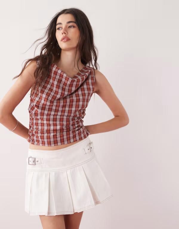 コルージョン レディース ボトムス スカート ミニ デニム COLLUSION denim mini kilt skirt in ecru ECRU エクリュ