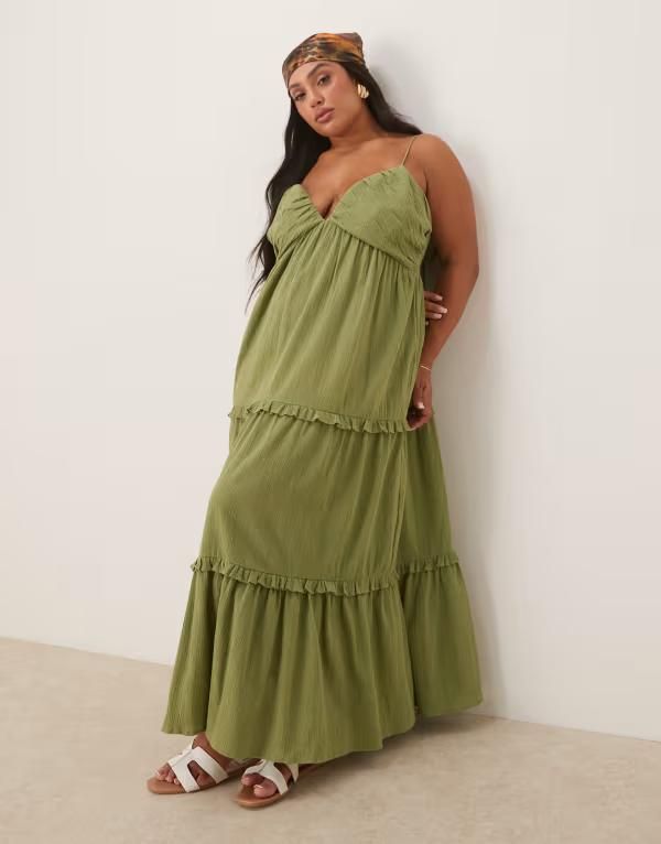 エイソス レディース トップス ワンピース マキシワンピース マキシ ASOS Curve ASOS DESIGN Curve crinkle cami maxi dress in olive Oli