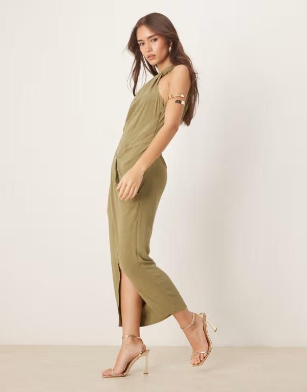 エイソス レディース トップス ワンピース ミディワンピース ミディ スカート リネン ASOS DESIGN linen mix fallen twist shoulder wrap skirt d