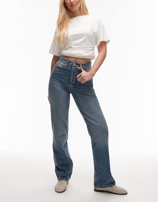 トップショップ レディース ボトムス デニムパンツ Topshop Hourglass Kort high rise straight jean in mid MID BLUE ブルー