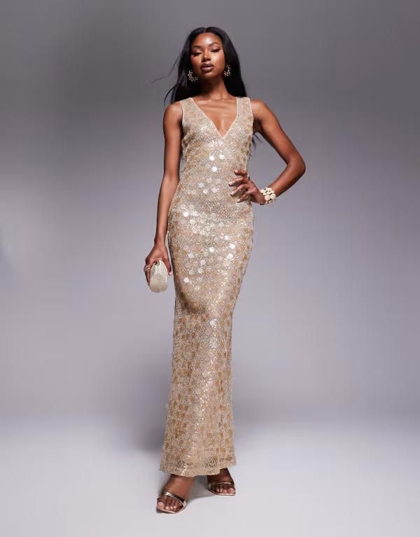 エイソス レディース トップス ワンピース マキシワンピース スパンコール マキシ ASOS DESIGN statement embellished textured plunge maxi dre