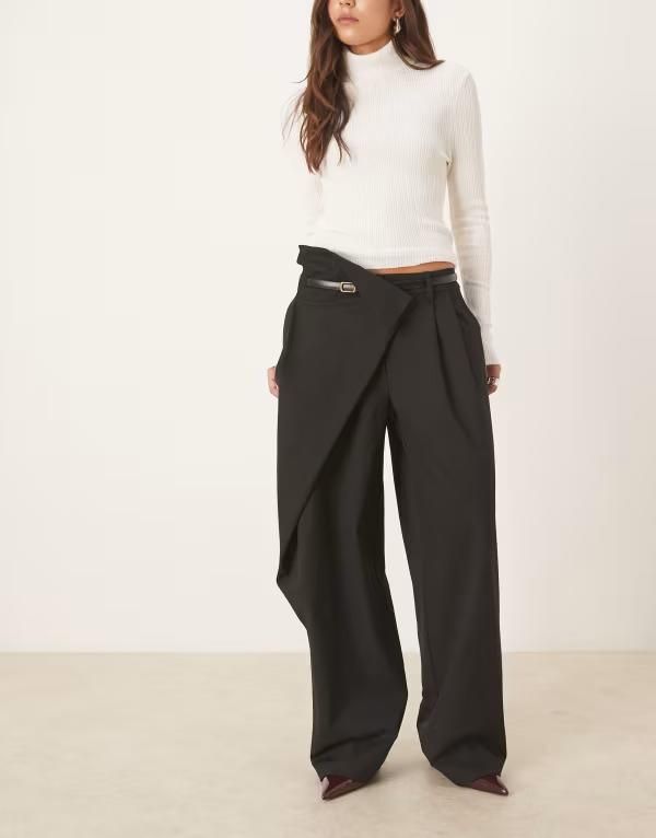 エイソス レディース ボトムス カジュアルパンツ ワイドレッグ ASOS DESIGN tailored wide leg wrap belted pants black ブラック