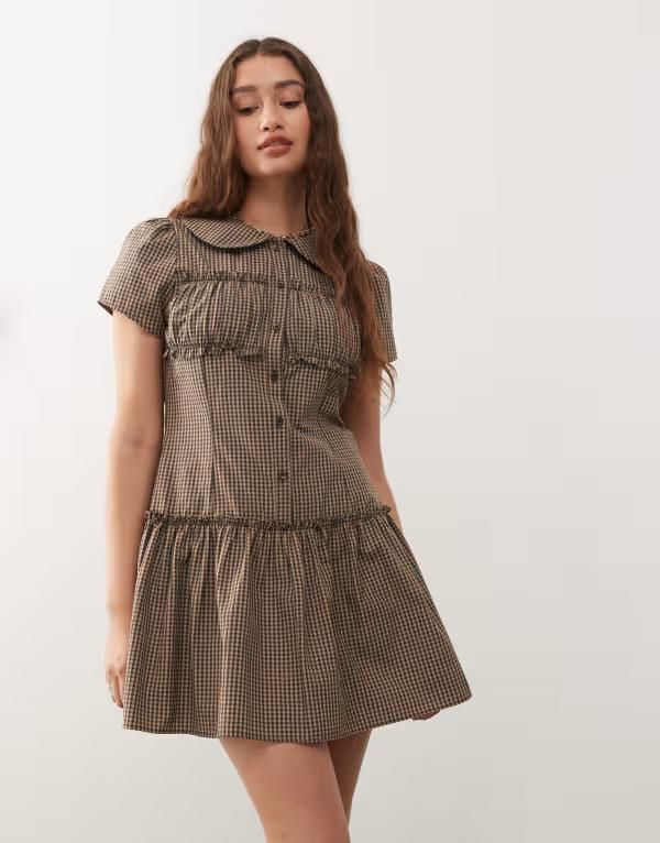 コルージョン レディース トップス ワンピース シャツワンピース ギンガムチェック ミニ シャツ ギンガム COLLUSION mini shirt dress in neutral gingham