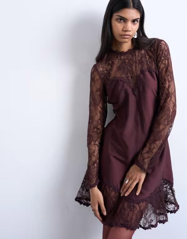 トップショップ レディース トップス ワンピース ミニワンピース ミニ レース Topshop lace sleeves flippy hem mini dress in port royale Po