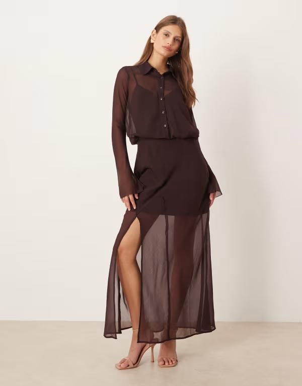 エイソス レディース トップス ワンピース シャツワンピース ミディ シャツ シアー ASOS DESIGN sheer midi shirt dress in chocolate BROWN ブラウ