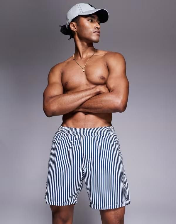 エイソス メンズ 水着 ハーフパンツ・ショーツ ショートパンツ ASOS DESIGN swim shorts in mid length stripe NAVY ネイビー