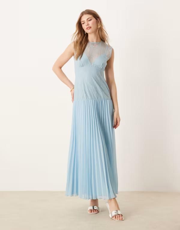 エイソス レディース トップス ワンピース プリーツスカート ミディワンピース プリーツ ミディ スカート レース ASOS DESIGN lace bodice pleated skirt midi