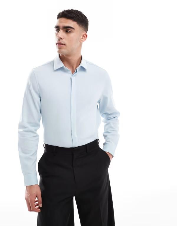 エイソス メンズ トップス シャツ ASOS DESIGN formal regular shirt with concealed buttons BLUE ブルー