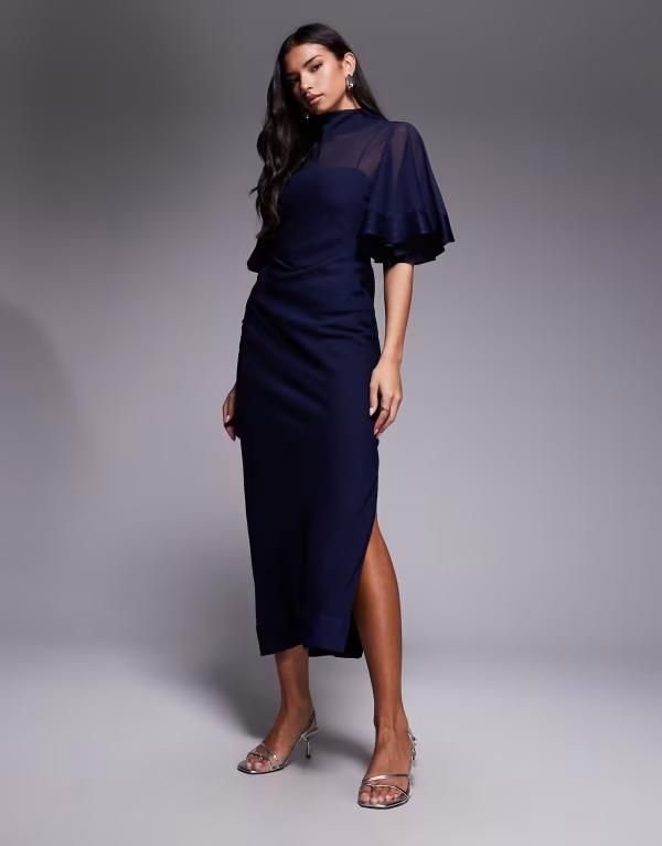 エイソス レディース トップス ワンピース シフォン サテン コントラスト ASOS DESIGN half wide sleeve column chiffon and satin contrast