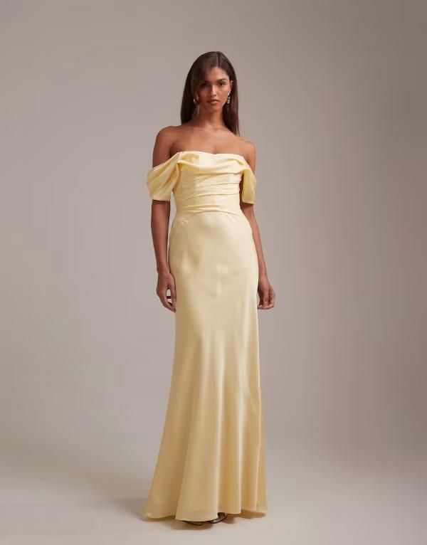 エイソス レディース トップス ワンピース サテン マキシ ASOS DESIGN Bridesmaids off the shoulder satin maxi dress in lemon
