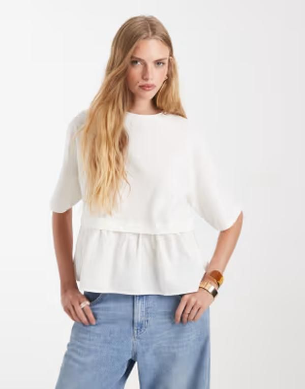 ミスセルフフリッジ レディース トップス Tシャツ Misselfridge poplin mix Tshirt in cream クリーム