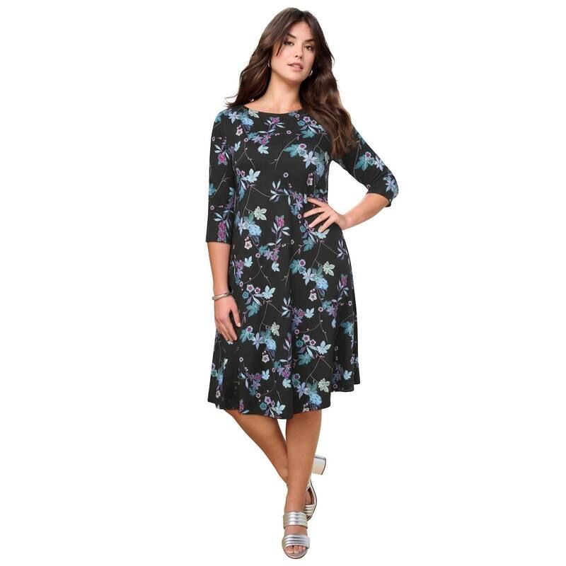ロアマンズ レディース トップス ワンピース プラスサイズ Roamans Womens Plusize 34 Sleeve Boatneck Swing Dress Purple Batik Vin