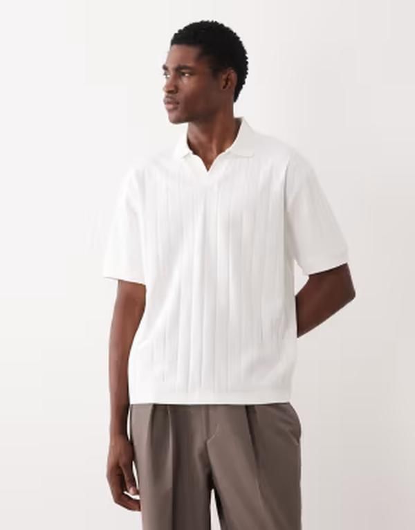 エイソス メンズ トップス ポロシャツ リブニット ASOS DESIGN relaxed camp collar polo shirt wide rib knit WHITE ホワイト