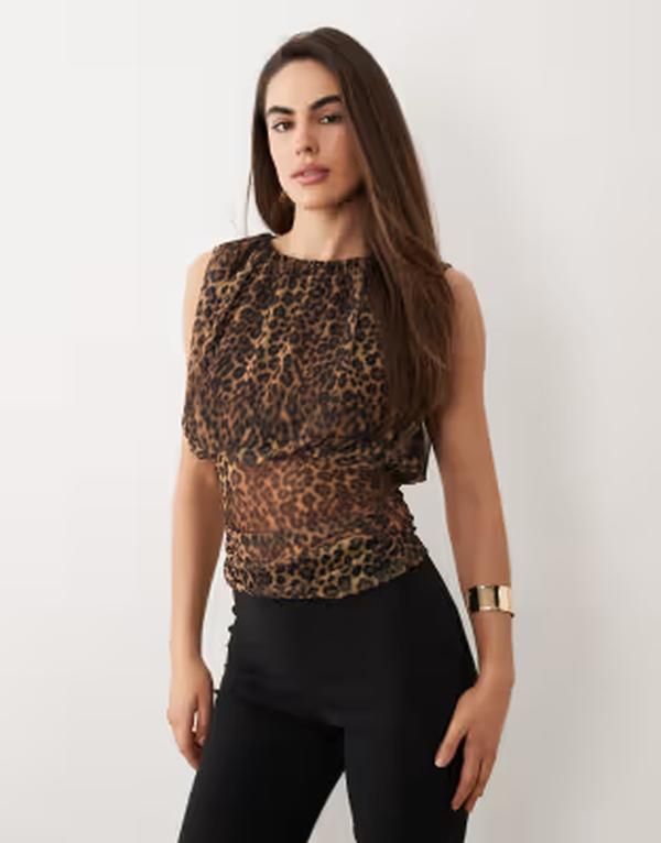 エイソス レディース トップス シャツ ウエストマーク プリント メッシュ ASOS DESIGN printed mesh cinched waistop in leopard アニマル