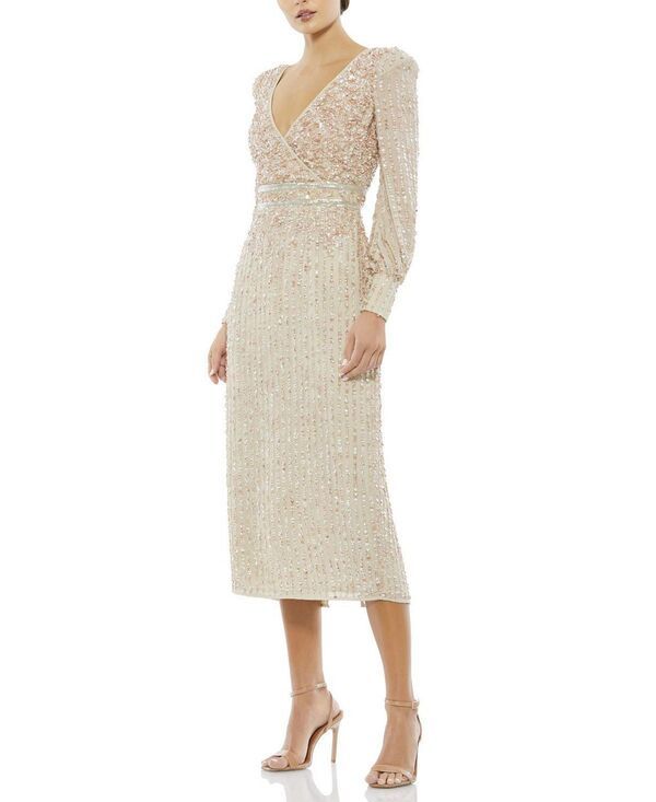 マックダガル レディース トップス ワンピース Vネック スパンコール Mac Duggal Sequined V Neck Bishop Sleeve Dress Nude