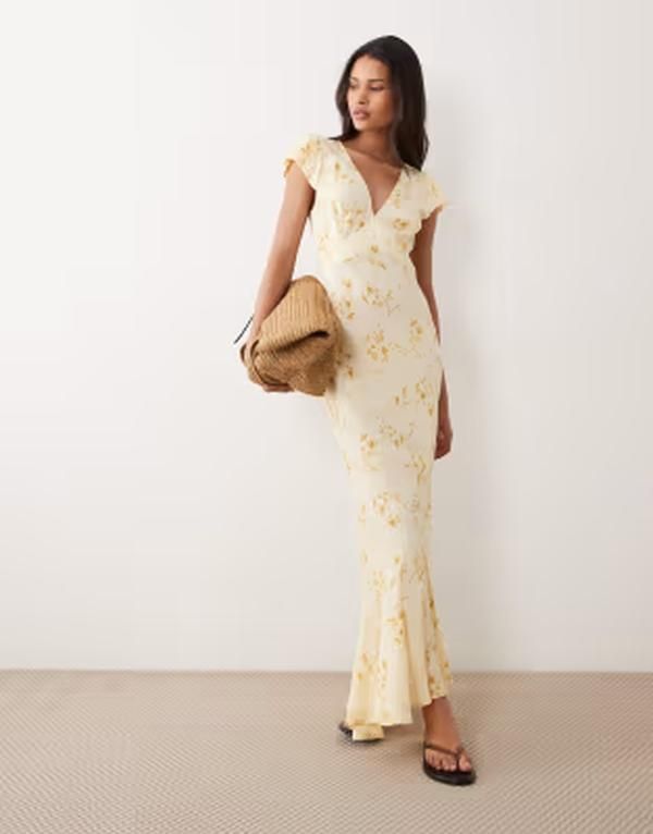 エイソス レディース トップス ワンピース Vネック フラワー柄 マキシ フラワー ASOS DESIGN puff sleeve Vneck maxi tea dress yellow floral