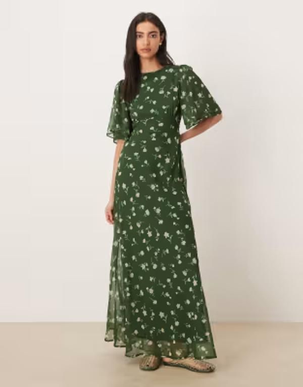 ウェンズデーガール レディース トップス ワンピース フラワー柄 プリント マキシ フラワー Wednesdays Girl flutter sleeve floaty maxi dress flor