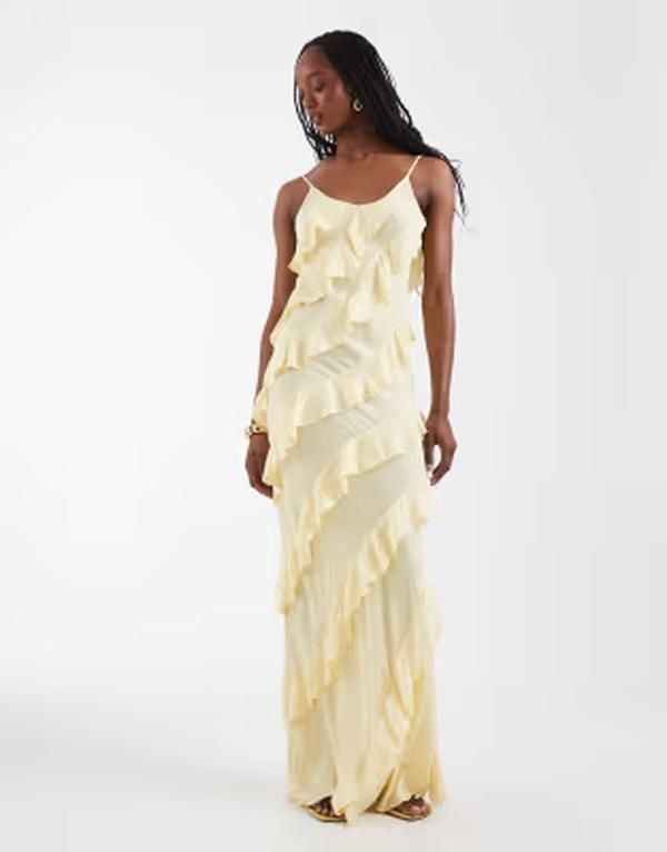 ベロモーダ レディース トップス ワンピース フリル マキシ Vero Moda Tall bias cut ruffled cami maxi dress in pale yellow Flan イ