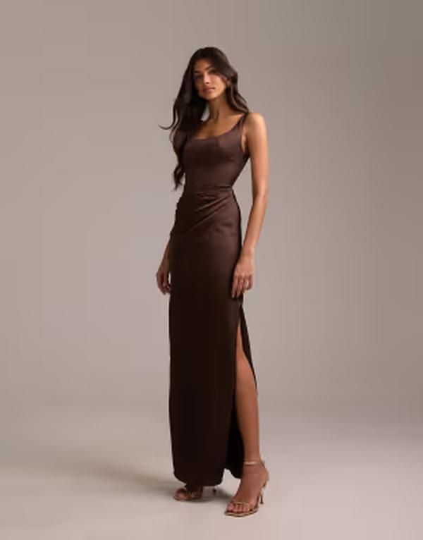 エイソス レディース トップス ワンピース アシンメトリー オーバーレイ サテン スカート マキシ ASOS DESIGN Bridesmaidsquare neck satin maxi dress
