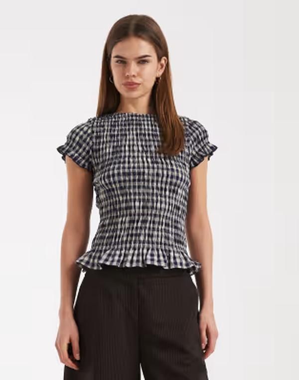 デイジーストリート レディース トップス Tシャツ ギンガムチェック ギンガム Daisy Street shirred short sleeve top gingham NAVY ネイビー