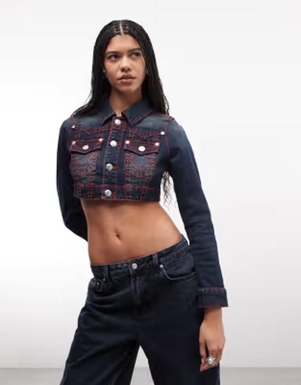 トゥルーレリジョン レディース アウター ジャケット・ブルゾン コントラスト クロップド デニム True Religion cropped contrastitch denim jacket in