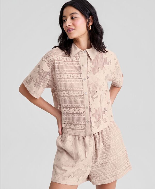 アンドノウディス レディース トップス シャツ レース And Now This Womens ButtonFront Lace Camp Shirt Coral コーラル