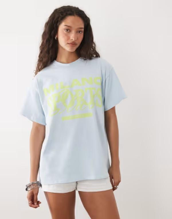 エイソス レディース トップス Tシャツ プリント ASOS DESIGN short sleeve oversized top with print MID BLUE ブルー
