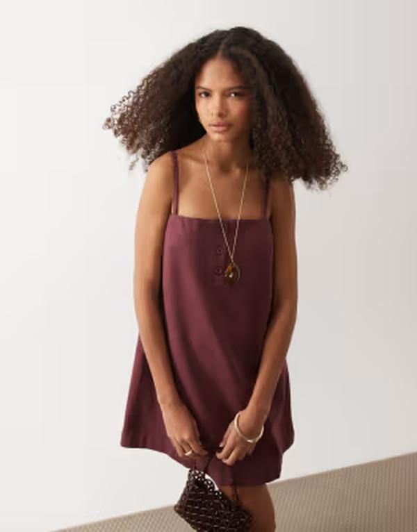 エイソス レディース トップス ワンピース ミニ デニム ASOS DESIGN denim camini dress with button detail Burgundy バーガンディ