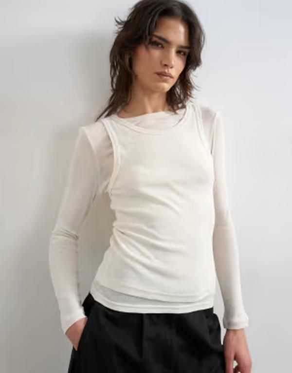 トップショップ レディース トップス Tシャツ Topshop double layer long sleeve top in ecru WHITE ホワイト