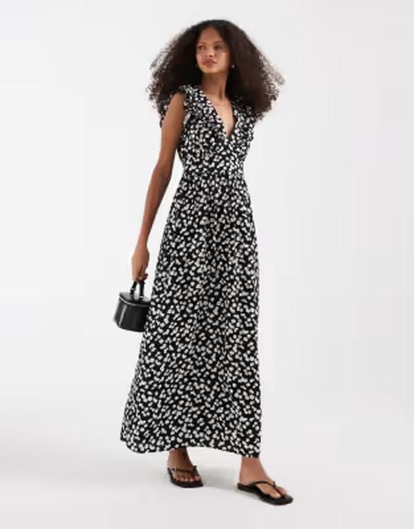 ヴェロモーダ レディース トップス ワンピース プリント フリル ミディ Vero Moda Easy Joy ruffle shoulder plunge front midi dress dits