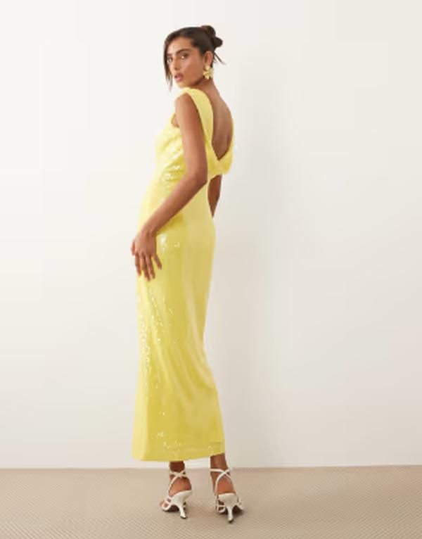 レア レディース トップス ワンピースパンコール マキシ Rare London sequin deep cowl back maxi dress in yellow イエロー