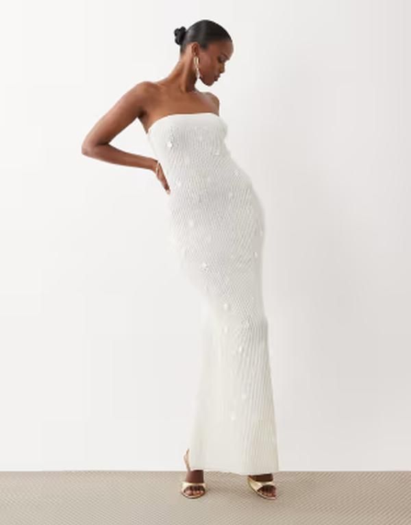 サウスビーチ レディース トップス ワンピースパンコール ニット マキシ South Beach knit bandeau maxi dress with sequin detail WHITE ホワ