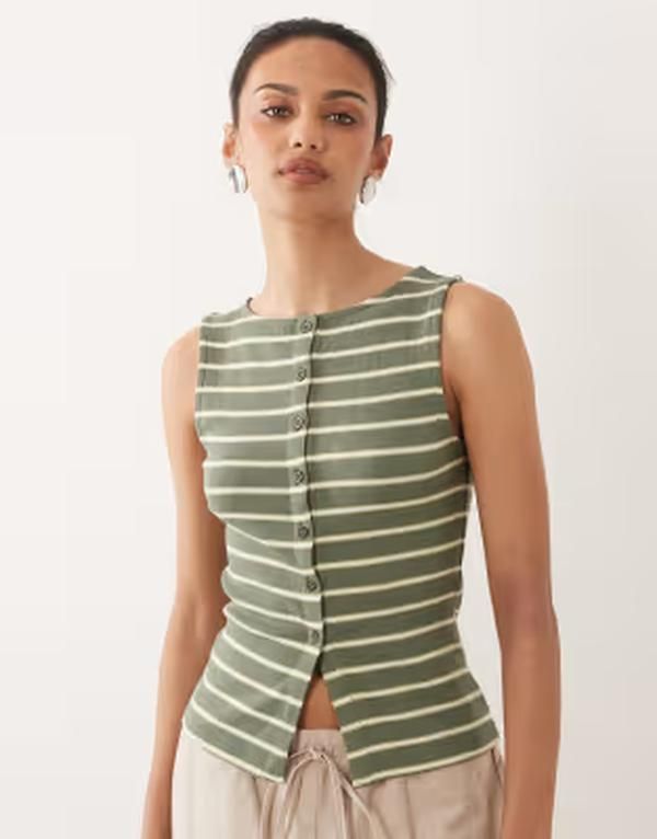 ブレーブソウル レディース トップス ベスト ボタンダウン ジャージー Brave Soul button down jersey tank top stripe GREEN グリーン