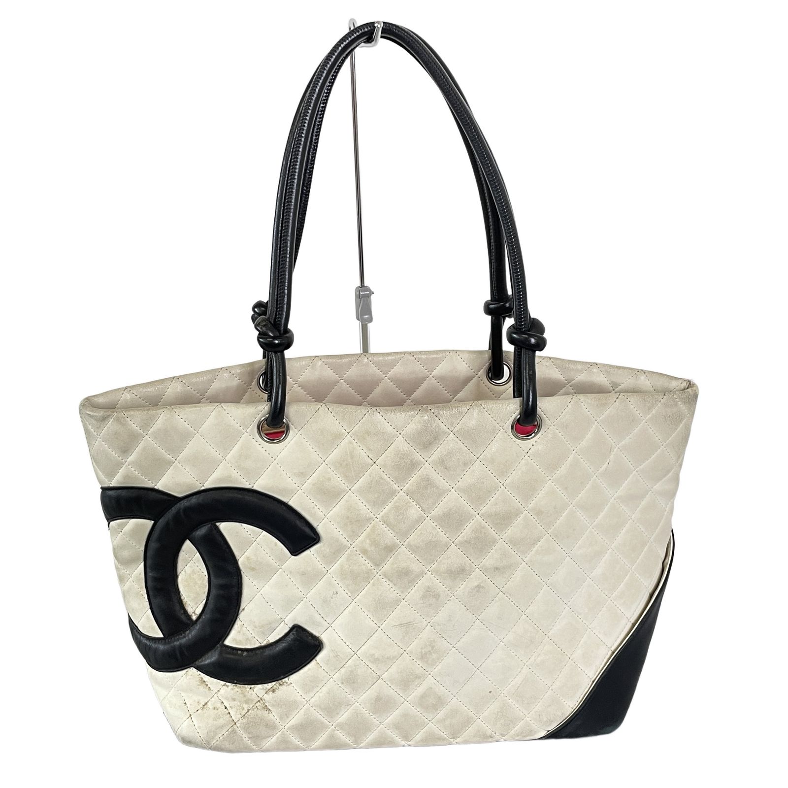CHANEL シャネル ソフトカーフ カンボン トートバッグ ホワイト ブラック SV金具 中古 T11421947