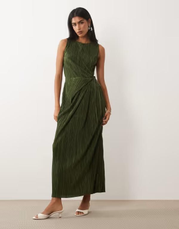 エイソス レディース トップス ワンピース ノースリーブ マキシ ASOS DESIGN plisse sleeveless wrap tie front maxi dress in dark Kha