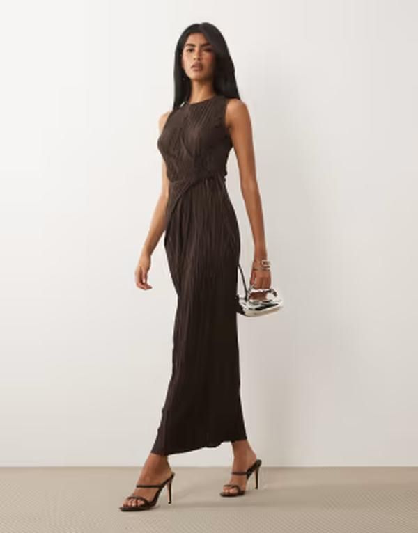 エイソス レディース トップス ワンピース ノースリーブ マキシ ASOS DESIGN plisse sleeveless wrap tie front maxi dress Brown ブラウン