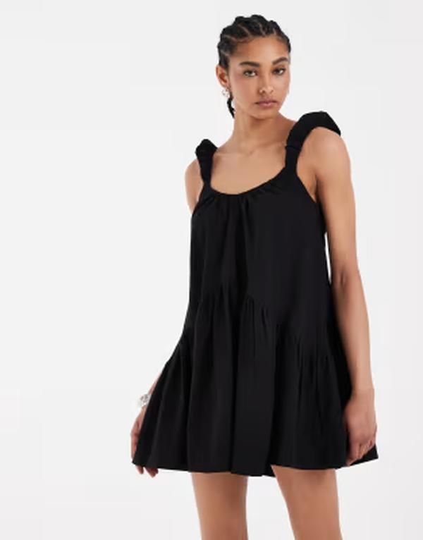 エイソス レディース トップス ワンピース ミニ リネン ASOS DESIGN puff sleeve linen mix mini dress Black ブラック 15,315円
