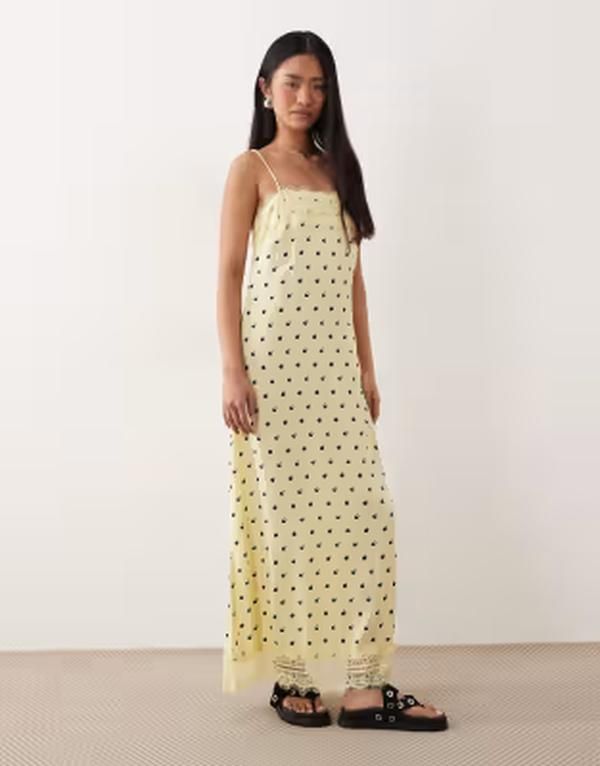 エイソス レディース トップス ワンピース プリント レース マキシ ASOS DESIGN cami maxi slip dress with lace trims in buttermilk ba