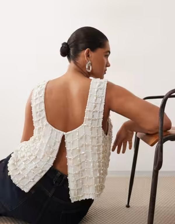 アレンジ レディース トップス シャツ ARRANGE Curve pearl embellished top IVORY アイボリー