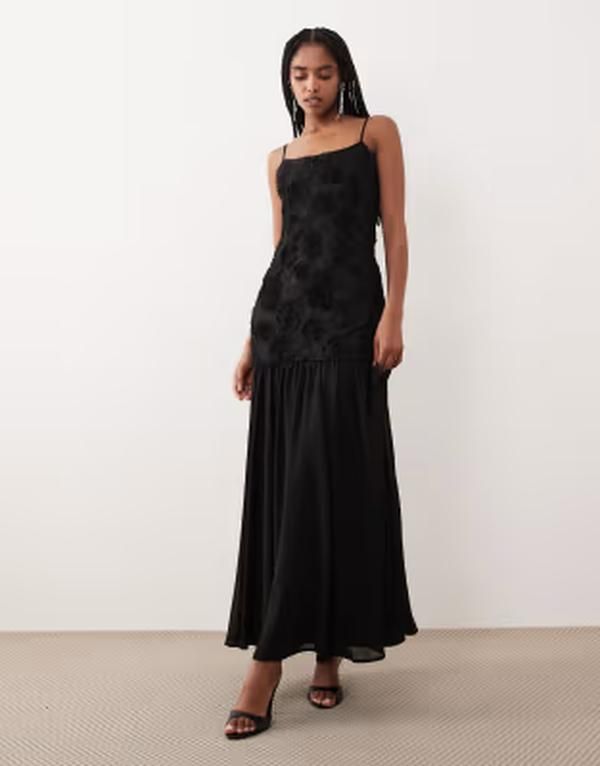 ジーナトリコ レディース トップス ワンピース ミディ Gina Tricot embroidery dropped waist midi dress Black ブラック