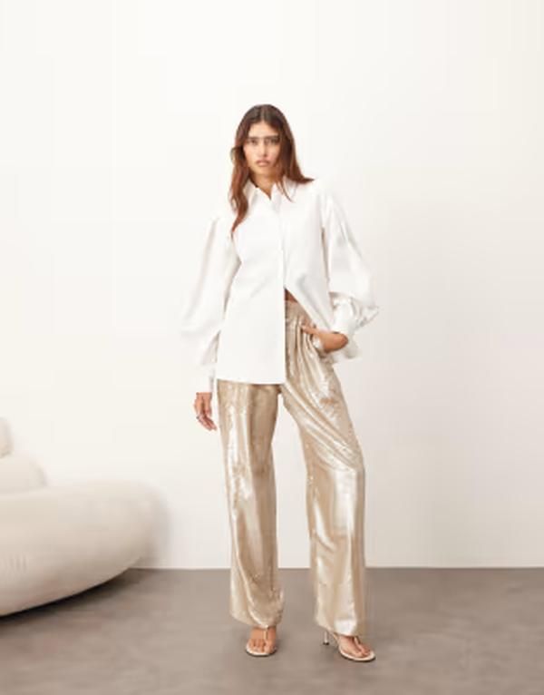 アレンジ レディース ボトムス カジュアルパンツ ストレート スパンコール ARRANGEmbellished sequin tailo red straight leg pants in cream
