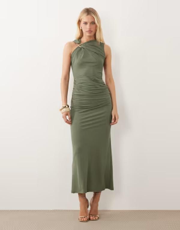 エイソス レディース トップス ワンピース ギャザー ミディ ノースリーブ ASOS DESIGN sleeveless ruched midi dress with trim detail Khak