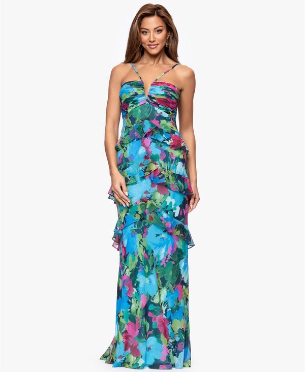 エスケープ レディース トップス ワンピース Vネック ティアード XSCAPE Womens VNeck Tie red Gown Turquoise Multi ターコイズ