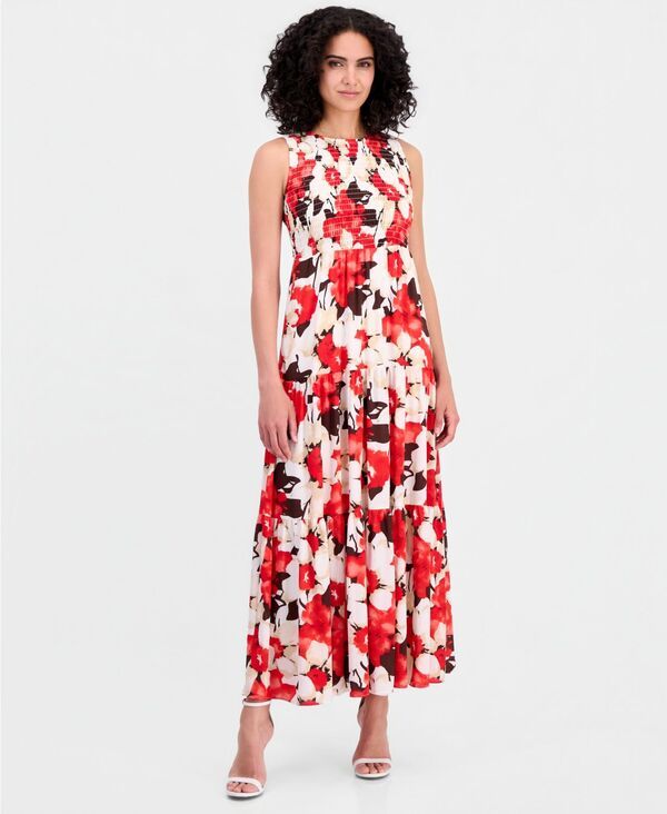 アンクライン レディース トップス ワンピース ティアード シャーリング マキシ Anne Klein WomensmockedBodice Tie red Maxi Dress White Dove