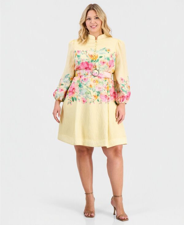 タハリエーエスエル レディース トップス ワンピース プリント Tahari ASL Womens Border Print ButtonFront Collaredress Buttercup Mu